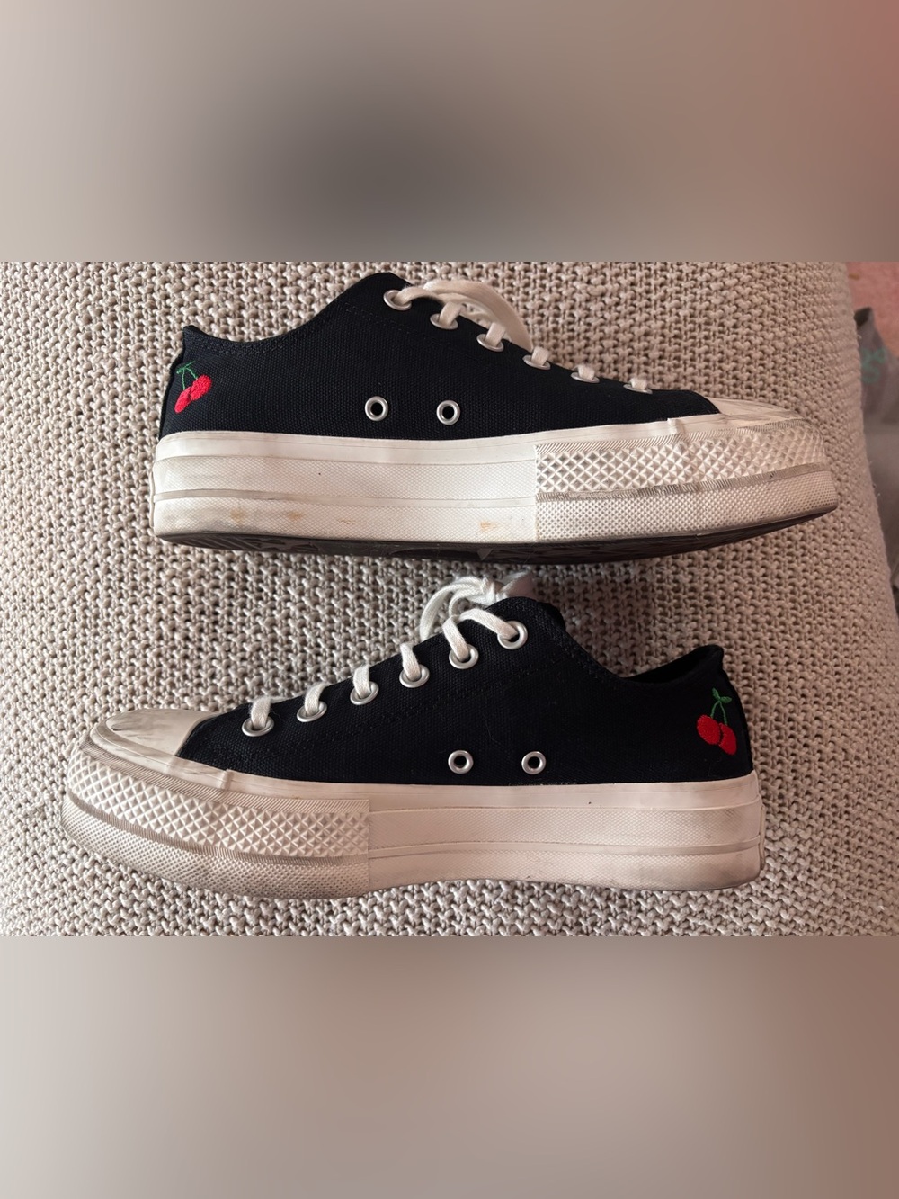 Converse Black Canvas Low-Top Sneakers with Red Cherry Accent Women’s 8.5